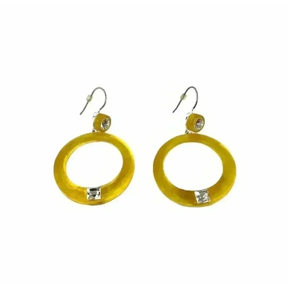 VTG Retro Yellow Frosty Resin Earrings Rhinestones Round Dangle Silver Tone - Picture 2 of 8